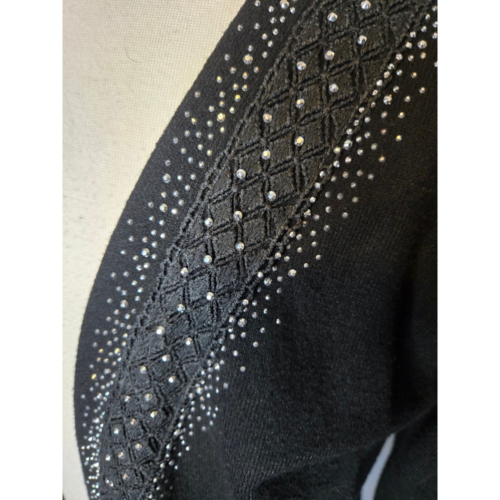 Black Rhinestone Embellished Open Front Cardigan Sweater M Glam Sparkle Party - Picture 3 of 8